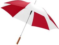 23" Lisa-sateenvarjo puukahvalla, automaattisesti avautuva, valkoinen, punainen liikelahja logopainatuksella